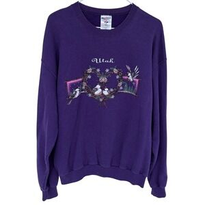 Vintage 90s Purple Birds Graphic Crewneck Sweatshirt Large Utah‎ Jerzees Nature